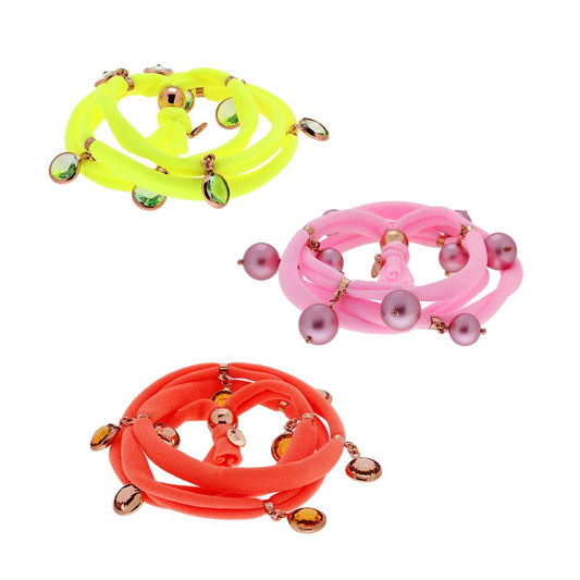 Bracciale Elastico in Lycra Colori Fluo con Tondi Crystal pendenti in ARGENTO 925 Galvanica Rosa