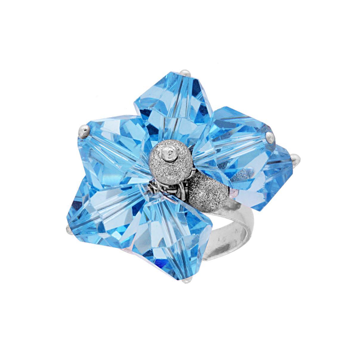 Anello Con Crystal Azzurro e Palline Diamantate mm 5 pendenti in ARGENTO 925 Galvanica Rodio