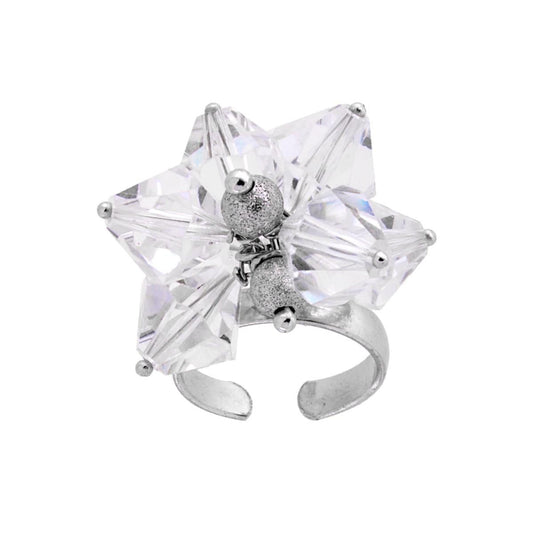 Anello Con Crystal Bianco e Palline Diamantate mm 5 pendenti in ARGENTO 925 Galvanica Rodio