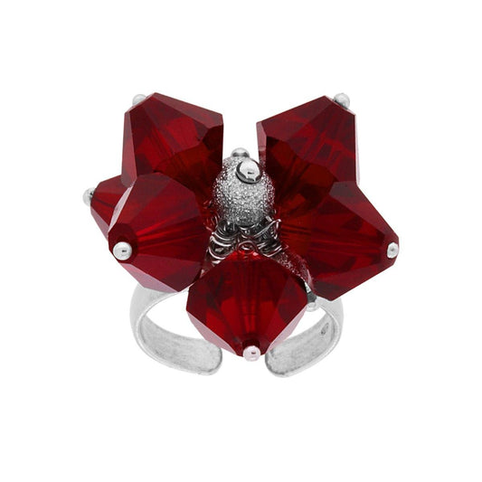 Anello Con Crystal Rosso e Palline Diamantate mm 5 pendenti in ARGENTO 925 Galvanica Rodio