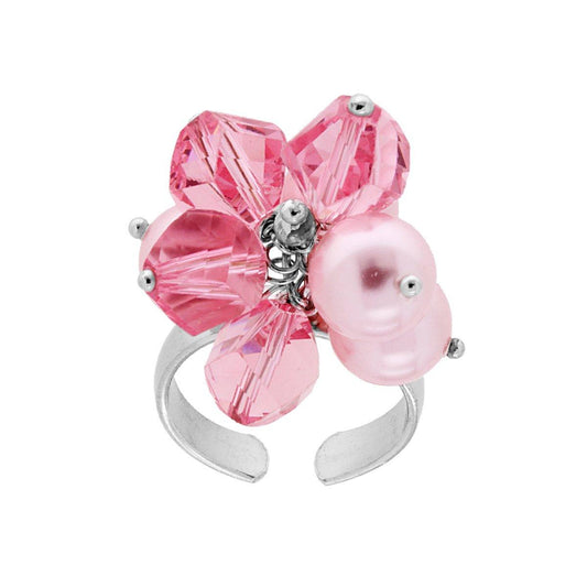 Anello con Crystal Rosa e Perle mm 8 pendenti in ARGENTO 925 Galvanica Rodio