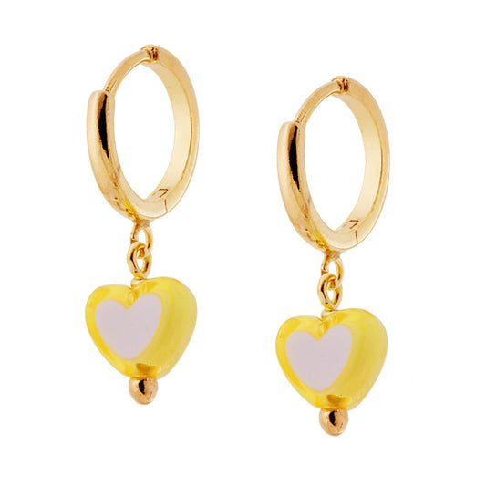 Orecchini Cerchio mm 14 con Cuore pendente colore Giallo e Bianco in ARGENTO 925 Galvanica Oro