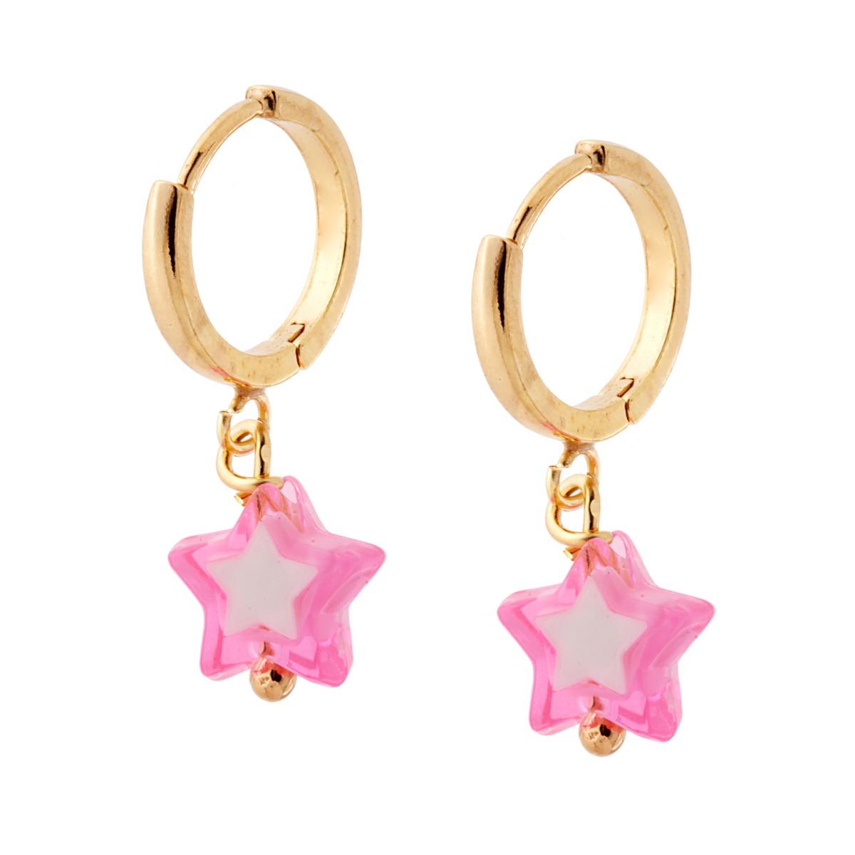 Orecchini Cerchio mm 14 con Stella pendente colore Rosa e Bianco in ARGENTO 925 Galvanica Oro