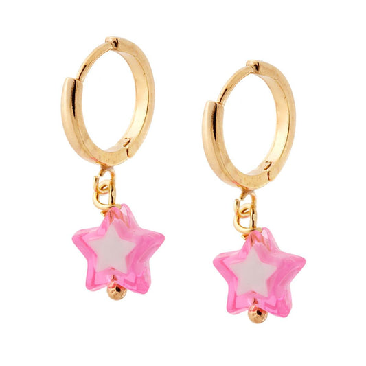 Orecchini Cerchio mm 14 con Stella pendente colore Rosa e Bianco in ARGENTO 925 Galvanica Oro