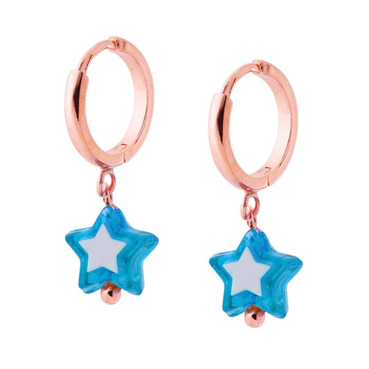 Orecchini Cerchio mm 14 con Stella pendente colore Azzurro e Bianco in ARGENTO 925 Galvanica Rosa