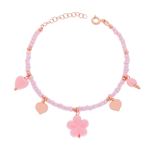 Bracciale Perline Rosa con Fiore Cuori PVC Rosa e Cuori plain pendenti in ARGENTO 925 Galvanica Rosa