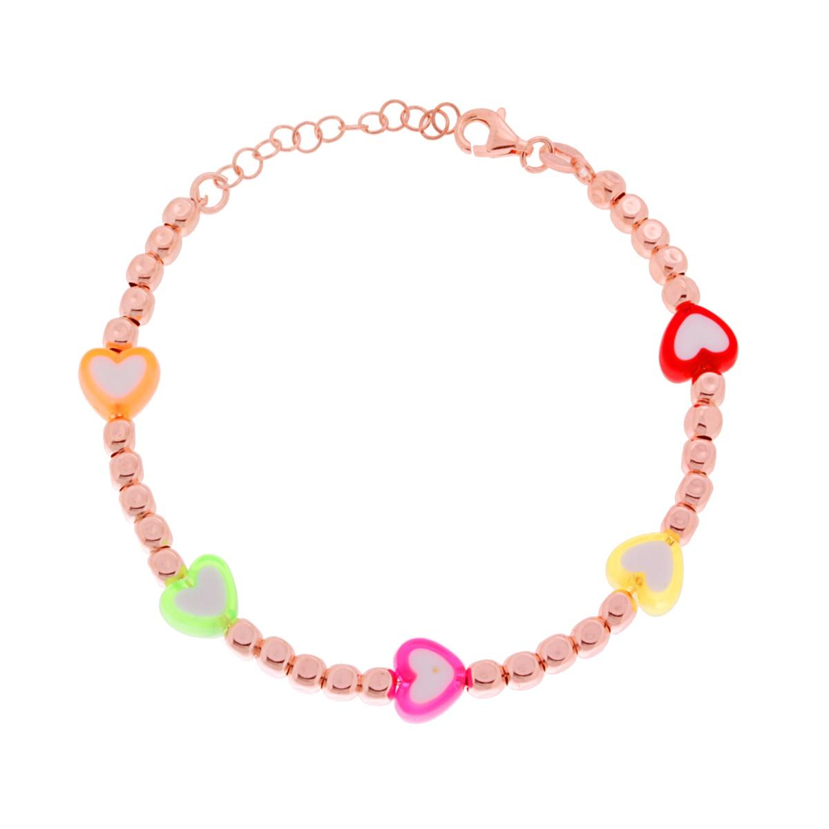 Bracciale con Cubetti Martellati con Cuori pvc Multicolor in ARGENTO 925 Galvanica Rosa