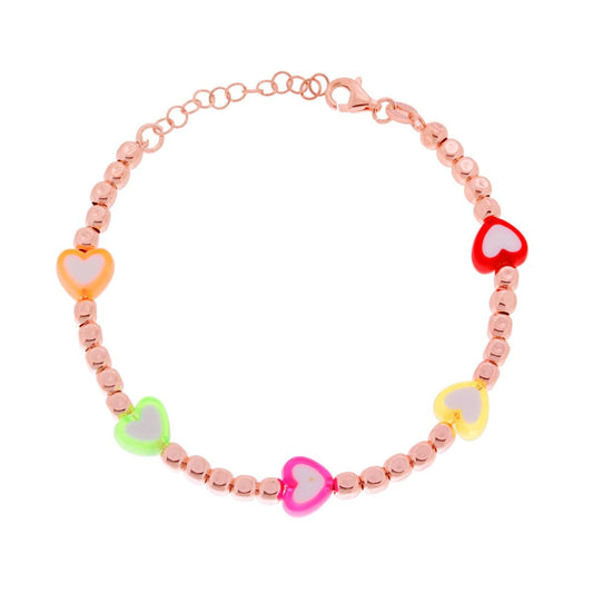 Bracciale con Cubetti Martellati con Cuori pvc Multicolor in ARGENTO 925 Galvanica Rosa