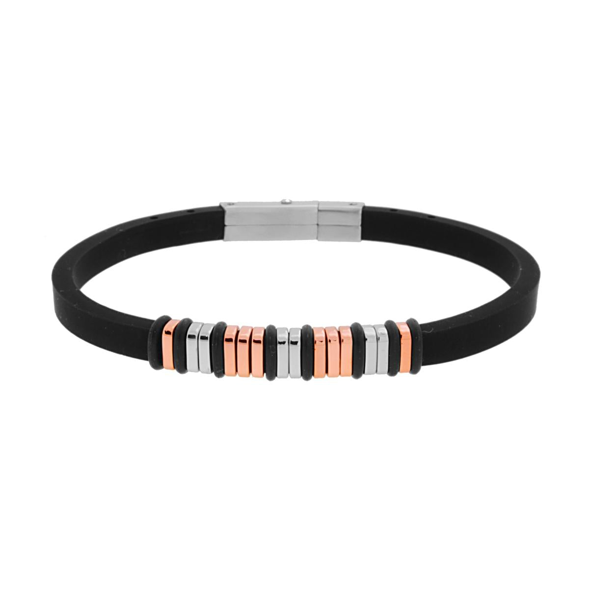 Bracciale in Caucciu PVC Nero con dettagli Galvanica Rosa in ACCIAIO