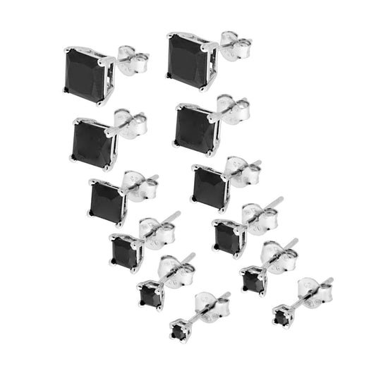 Orecchini Punto Luce Quadrato mm 2/3/4/5/6/7 con Zircone Nero in ARGENTO 925 Galvanica Rodio