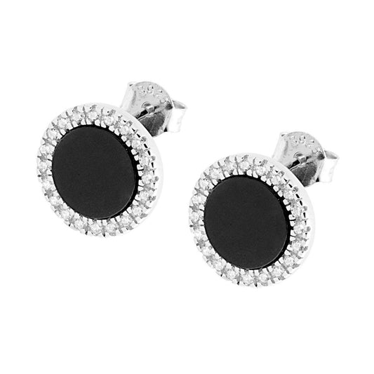 Orecchini Tondi Onice Nero 12 mm contornato da Zirconi Bianchi in ARGENTO 925 Galvanica Rodio