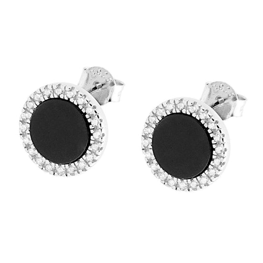 Orecchini Tondi Onice Nero 12 mm contornato da Zirconi Bianchi in ARGENTO 925 Galvanica Rodio