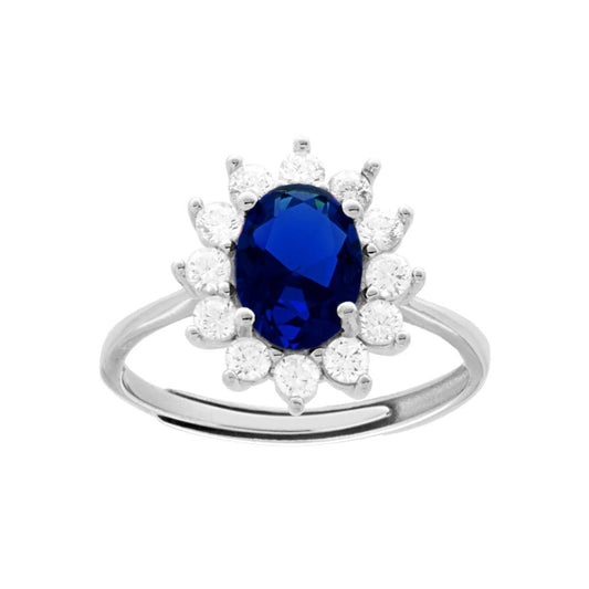 Anello Solitario Halo con Zircone Ovale Blu Zaffiro contornato da Zirconi Bianchi in ARGENTO 925 Galvanica Rodio