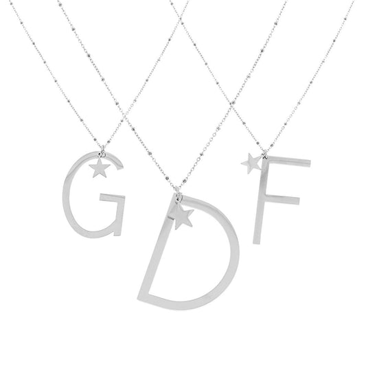 Collana Lunga Catena Forzatina con Palline cm 90 Stella plain e Lettera Iniziale in ACCIAIO