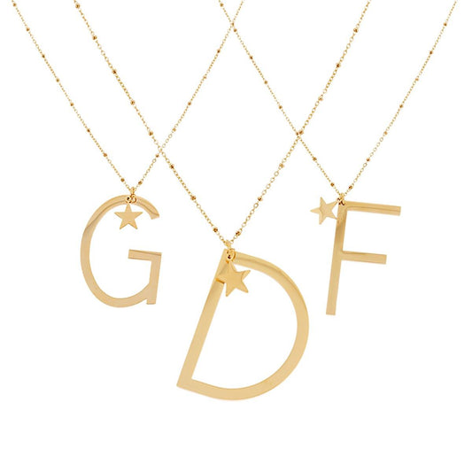 Collana Lunga Catena Forzatina con Palline cm 90 Stella plain e Lettera Iniziale Galvanica Oro in ACCIAIO