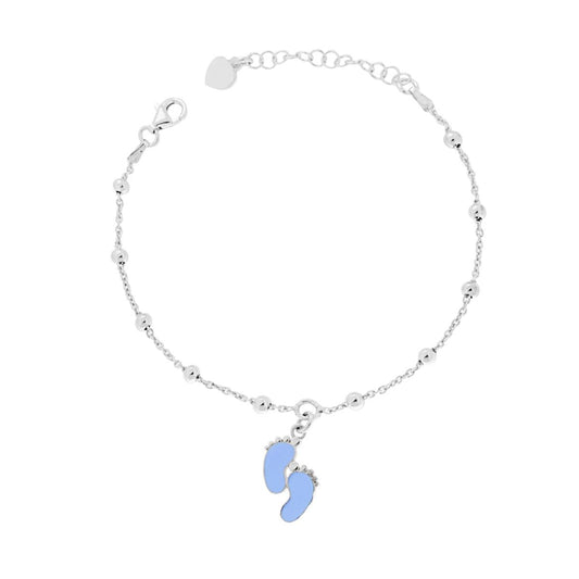 Bracciale Catena Rolo e Palline lisce mm 2,5 con Piedini smalto Azzurro pendenti in ARGENTO 925 Galvanica Rodio