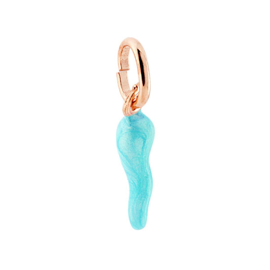 Ciondolo Portafortuna Corno mm 18 con Smalto Azzurro perlato in ARGENTO 925 Galvanica Rosa