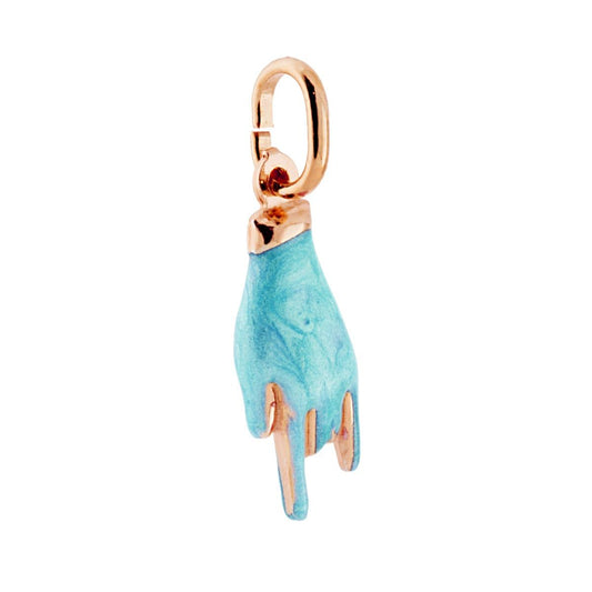 Ciondolo Portafortuna Mano Corna con Smalto Azzurro perlato in ARGENTO 925 Galvanica Rosa