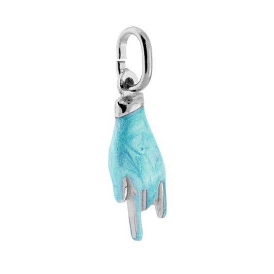 Ciondolo Portafortuna Mano Corna con Smalto Azzurro perlato in ARGENTO 925 Galvanica Rodio