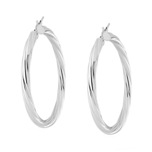 Orecchini a Cerchio mm 48 con Canna Ritorta mm 4 in ARGENTO 925 Galvanica Rodio