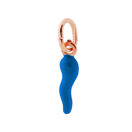 Ciondolo Portafortuna Corno mm 18 con Smalto Blu in ARGENTO 925 Galvanica Rosa