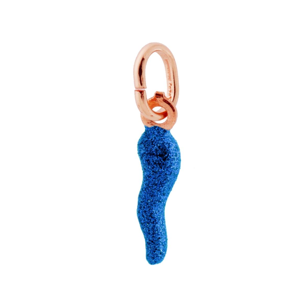Ciondolo Portafortuna Corno mm 18 con Smalto Blu glitter in ARGENTO 925 Galvanica Rosa