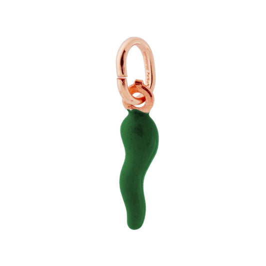 Ciondolo Portafortuna Corno mm 18 con Smalto Verde Scuro in ARGENTO 925 Galvanica Rosa