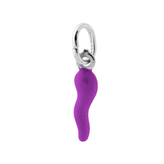 Ciondolo Portafortuna Corno mm 18 con Smalto Viola in ARGENTO 925 Galvanica Rodio
