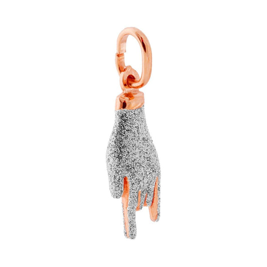 Ciondolo Portafortuna Mano Corna con Smalto Argento glitter in ARGENTO 925 Galvanica Rosa