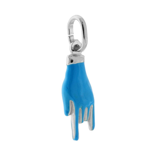 Ciondolo Portafortuna Mano Corna con Smalto Azzurro in ARGENTO 925 Galvanica Rodio
