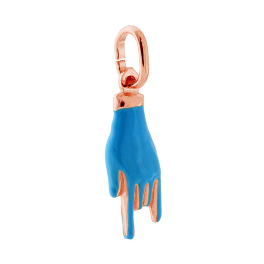 Ciondolo Portafortuna Mano Corna con Smalto Azzurro in ARGENTO 925 Galvanica Rosa