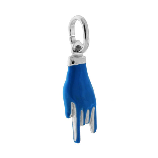 Ciondolo Portafortuna Mano Corna con Smalto Blu in ARGENTO 925 Galvanica Rodio