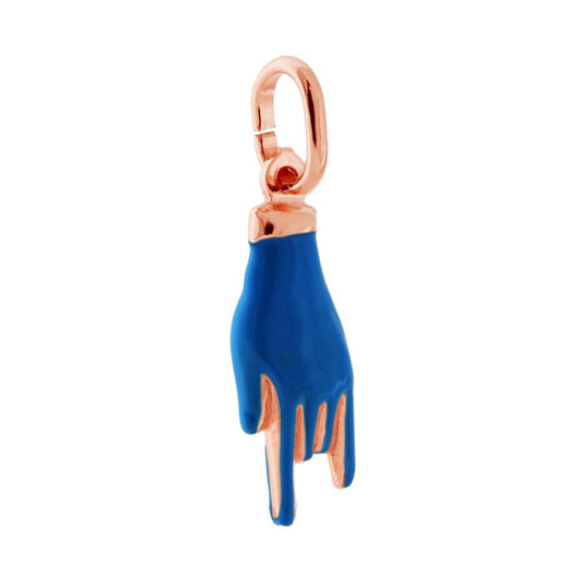 Ciondolo Portafortuna Mano Corna con Smalto Blu in ARGENTO 925 Galvanica Rosa