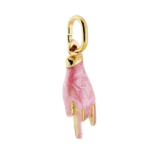 Ciondolo Portafortuna Mano Corna con Smalto Rosa Cipria perlato in ARGENTO 925 Galvanica Oro