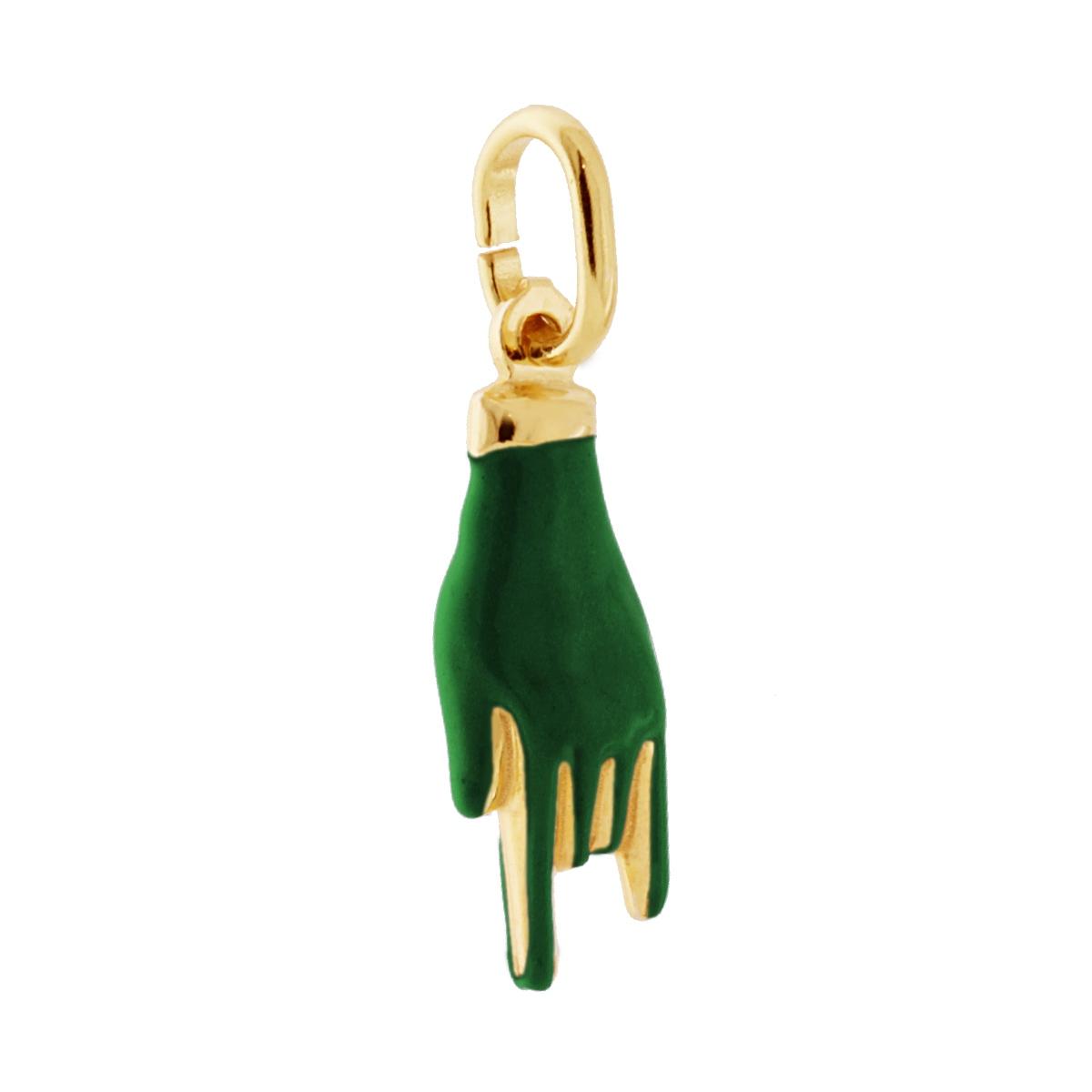 Ciondolo Portafortuna Mano Corna con Smalto Verde Scuro in ARGENTO 925 Galvanica Oro