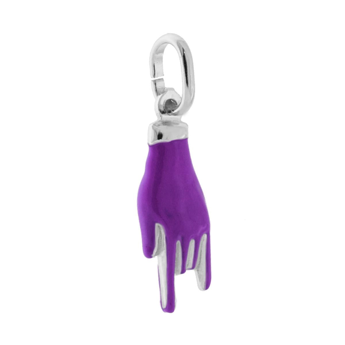 Ciondolo Portafortuna Mano Corna con Smalto Viola in ARGENTO 925 Galvanica Rodio