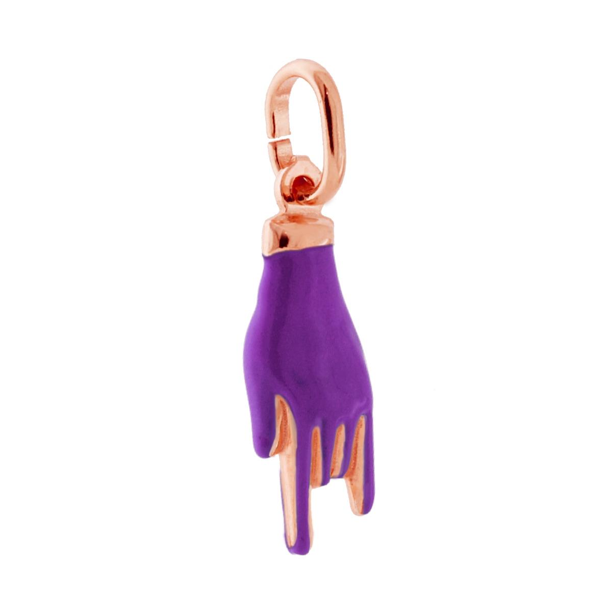 Ciondolo Portafortuna Mano Corna con Smalto Viola in ARGENTO 925 Galvanica Rosa