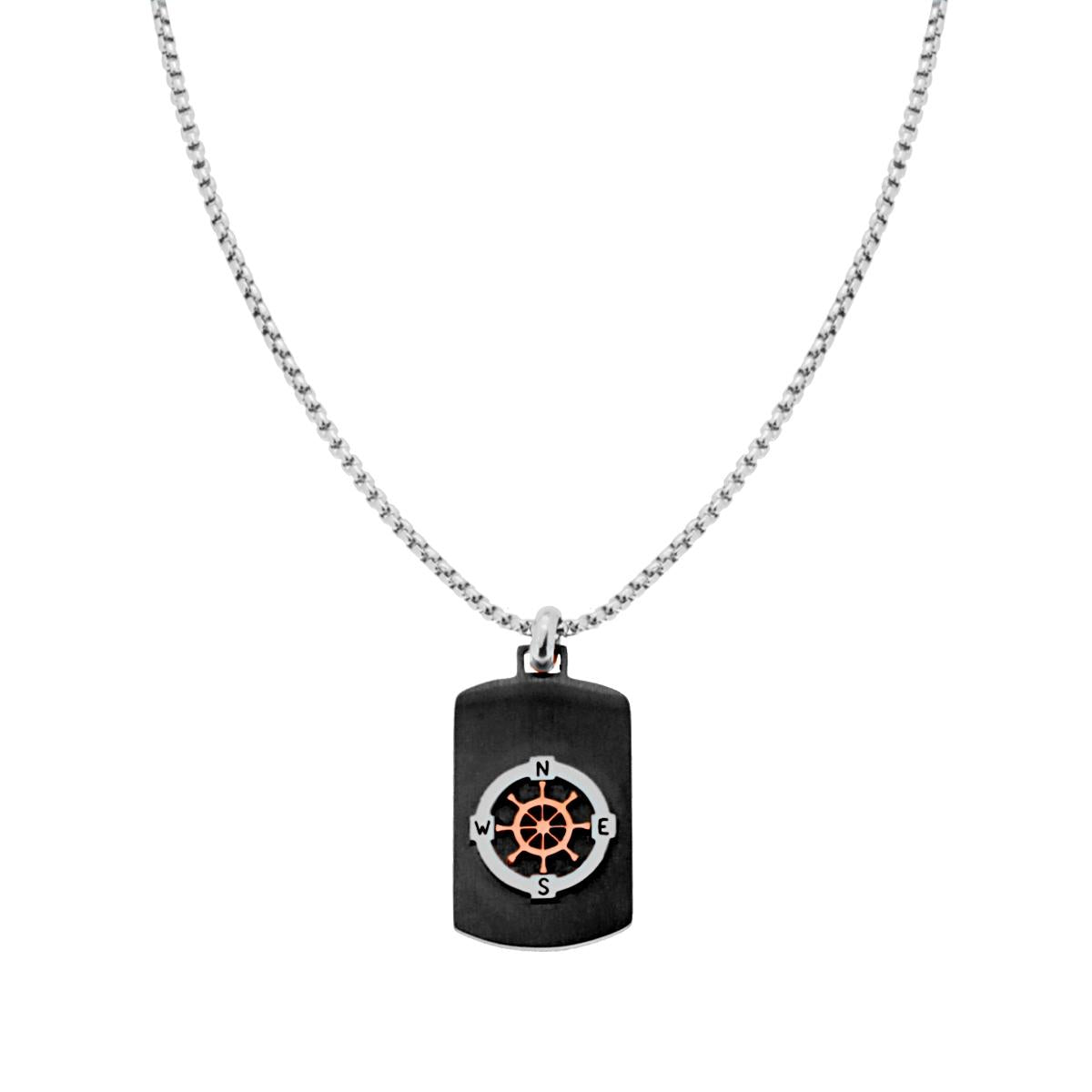 Collana Catena Veneziana Tonda con Piastra Nera e Timone Galvanica Rosa in ACCIAIO
