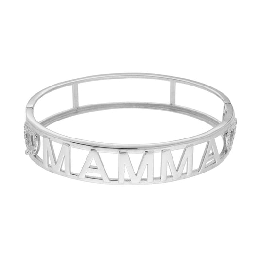 Bracciale Rigido con Scritta MAMMA e Cuori con Zirconi Bianchi in ARGENTO 925 Galvanica Rodio