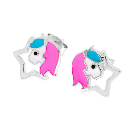 Orecchini Stella e Unicorno con Smalto Bianco e Rosa in ARGENTO 925 Galvanica Rodio