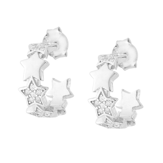 Orecchini Cerchio mm 13 con Stelle e Cubic Zirconia Bianchi ARGENTO 925 Galvanica Rodio