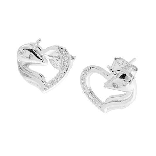 Orecchini Cuore e Unicorno con Zirconi Bianchi in ARGENTO 925 Galvanica Rodio