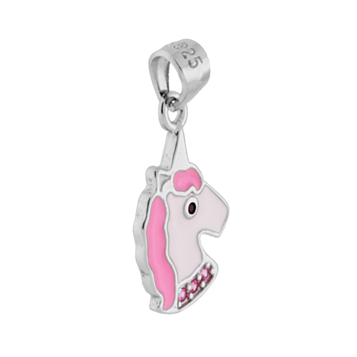 Ciondolo Unicorno con Smalto Bianco e Rosa e Zirconi Rosa in ARGENTO 925 Galvanica Rodio