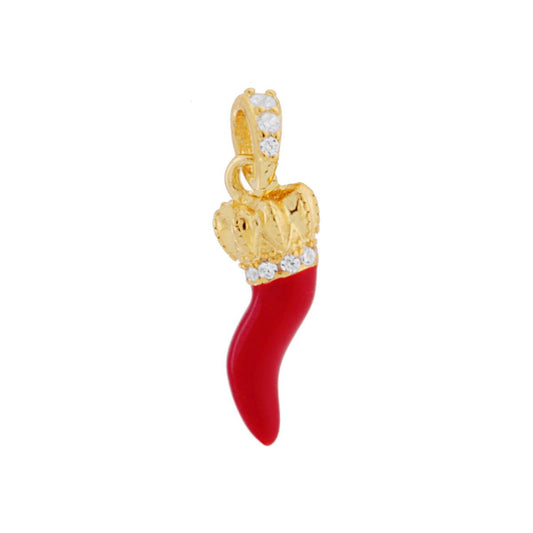 Ciondolo Portafortuna Corno Smalto Rosso e Zirconi Bianchi in ARGENTO 925 Galvanica Oro
