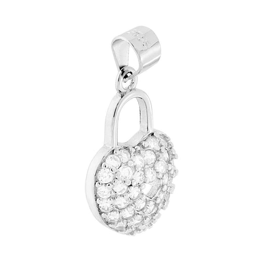 Ciondolo Cuore Lucchetto con Zirconi Bianchi in ARGENTO 925 Galvanica Rodio
