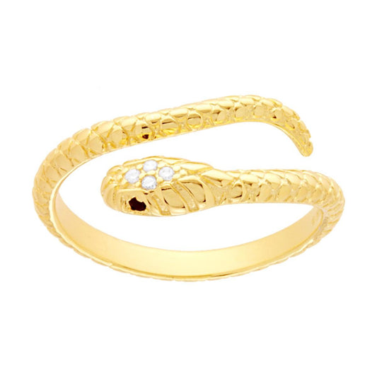 Anello Serpente con Cubic Zirconi Bianchi e occhi Neri in ARGENTO 925 Galvanica Oro