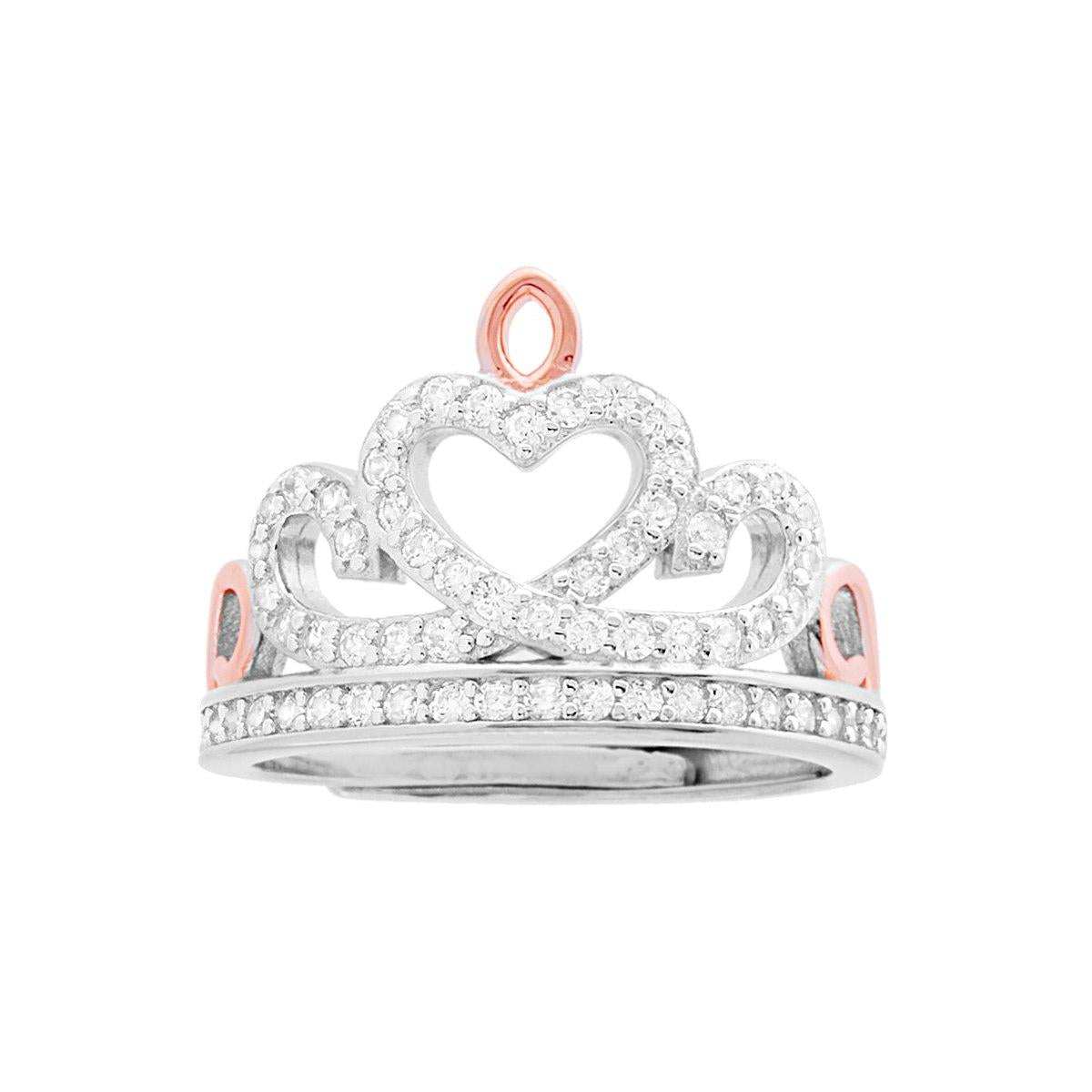 Anello Corona Diadema con Cuore Zirconi Bianchi e Cuoricini Rosa in ARGENTO 925 Galvanica Rodio