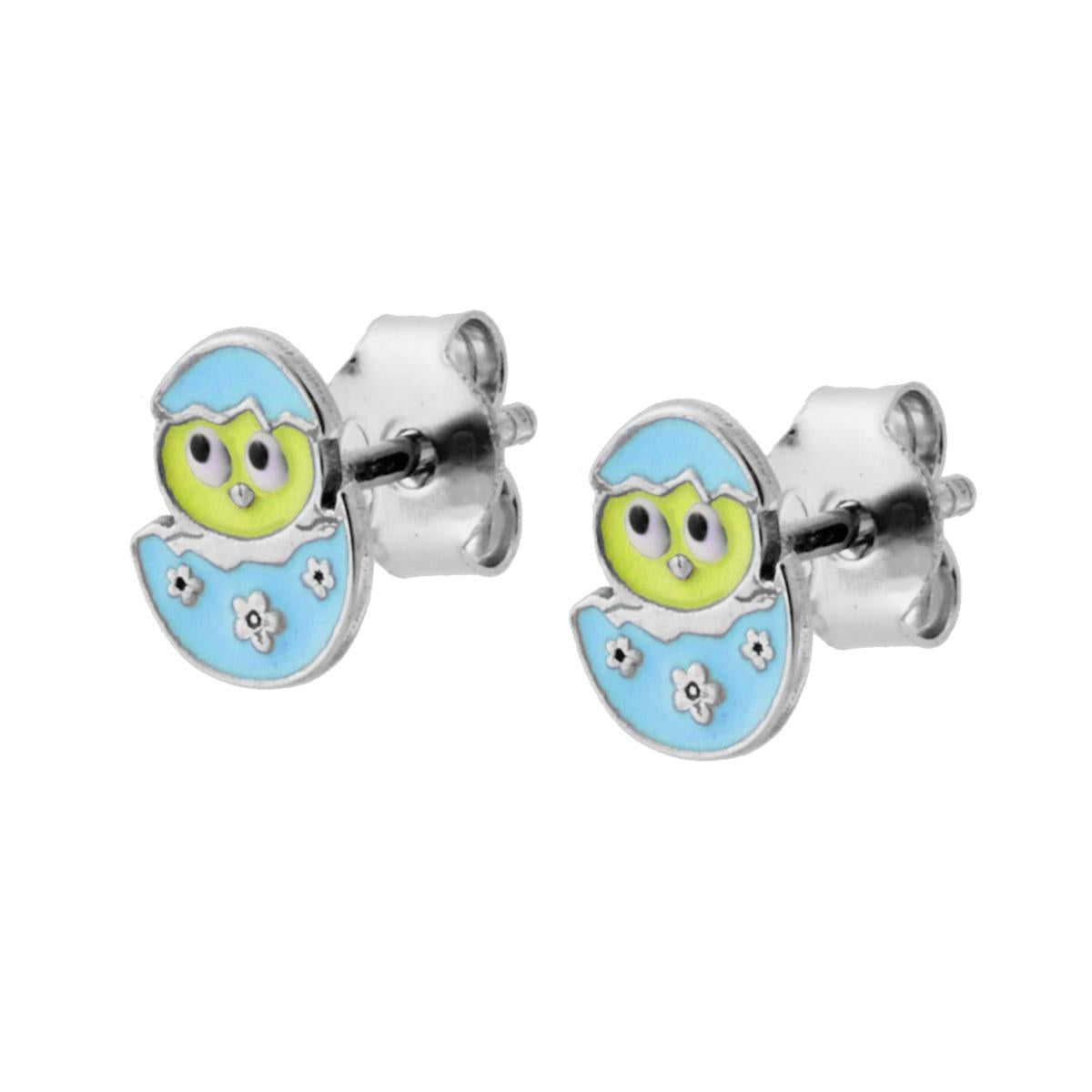 Orecchini Pulcino con Smalto Azzurro in ARGENTO 925 Galvanica Rodio