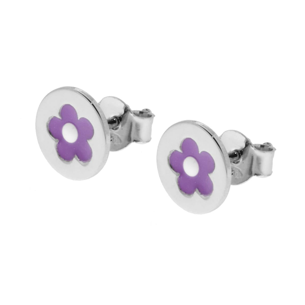 Orecchini Tondo e Fiore con Smalto Viola in ARGENTO 925 Galvanica Rodio