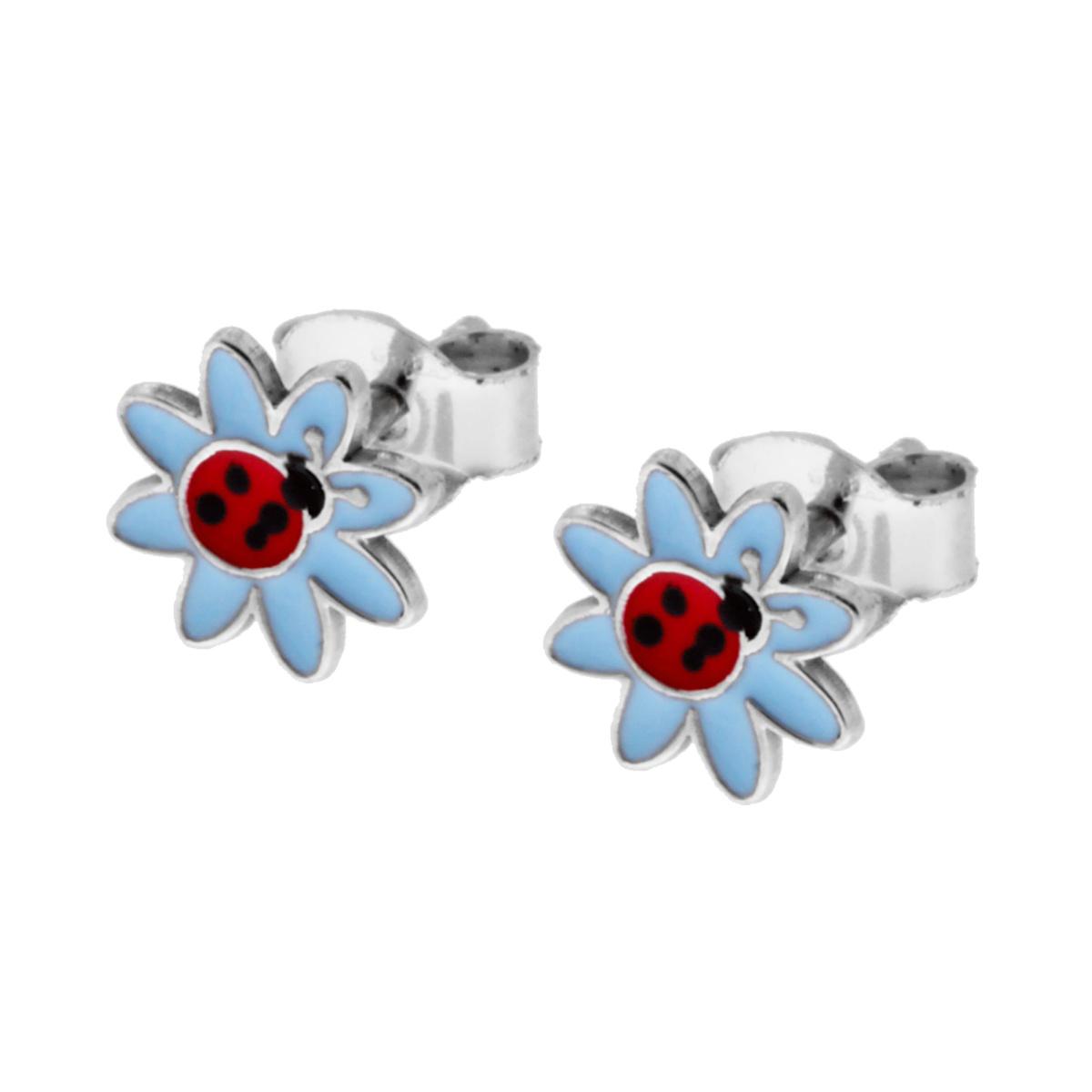 Orecchini Fiore e Coccinella con Smalto Azzurro in ARGENTO 925 Galvanica Rodio